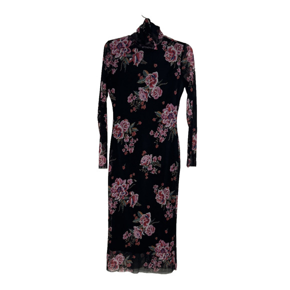 Harlow & Rose Mesh Sheath Midi Dress Small Black Floral Sheer Long Sleeve 90s - Picture 1 of 11